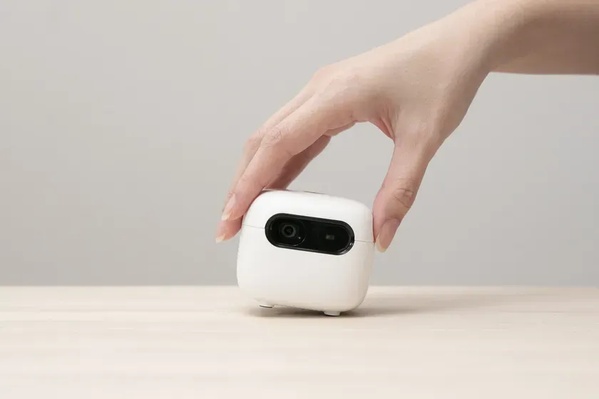 白いデバイスを手に持っている様子