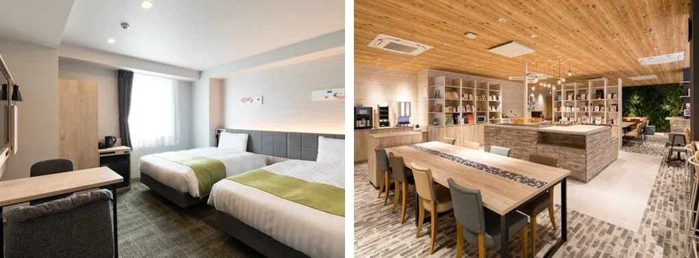 ホテルと思われる内装の写真。客室と共有スペースが写っている。