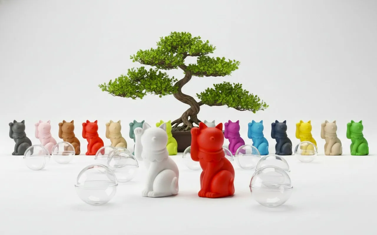色とりどりの招き猫の置物と盆栽