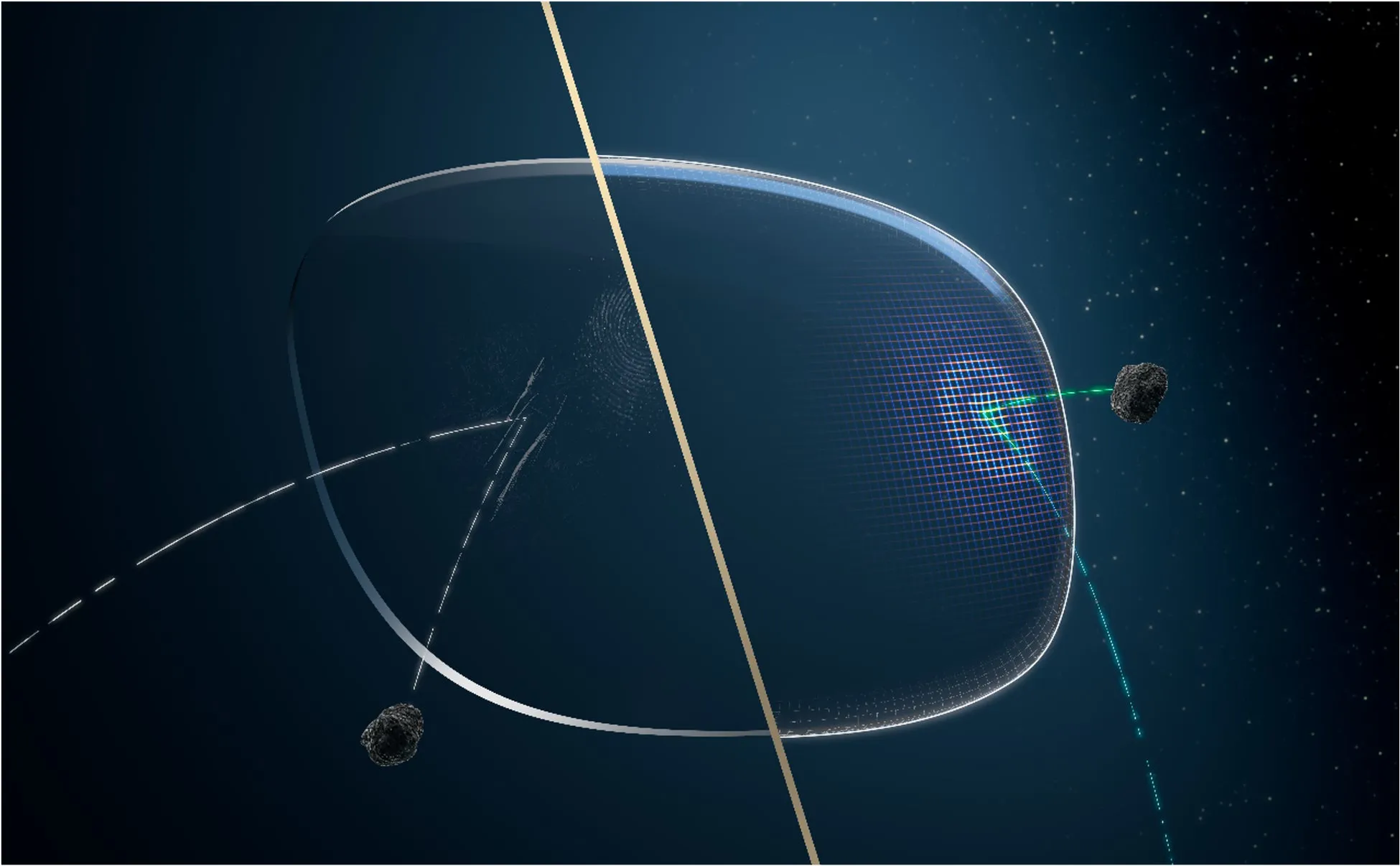 宇宙空間に浮かぶ、透明なレンズ状の構造物と、それに近づく隕石のような物体を描いたイラストです。レンズからは光線が放たれ、隕石を捉えているように見えます。背景には星空が広がり、SF的な雰囲気を醸し出しています。