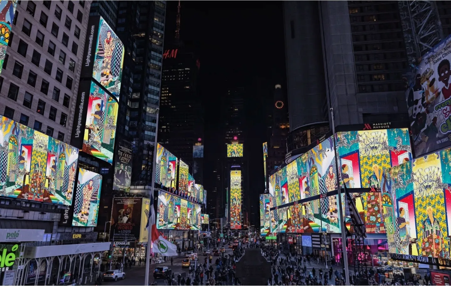 タイムズスクエアの夜景、カラフルな広告とアート