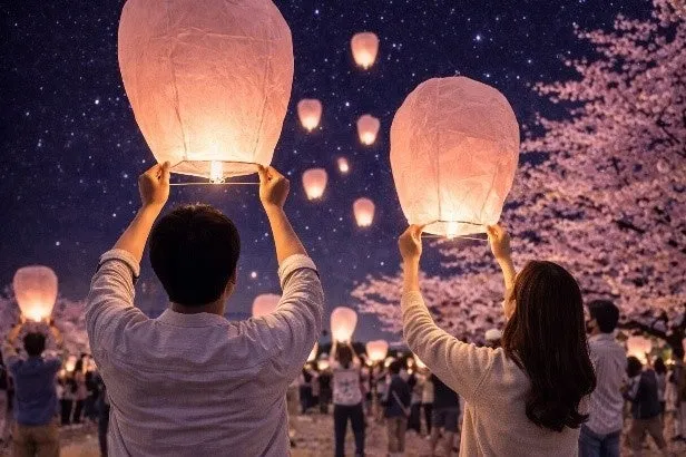 夜空にランタンを上げる人々を描いた写真