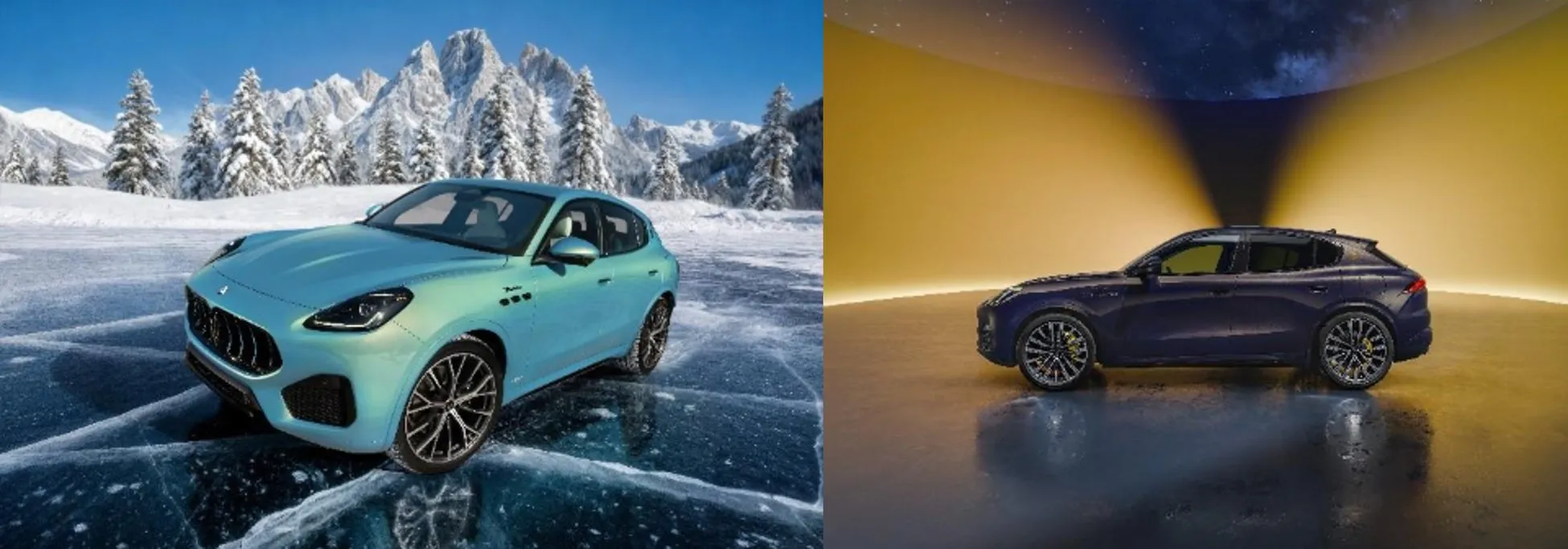 2台のマセラティSUVの写真。1台は雪山を背景に氷の上に、もう1台は黄色の背景に映っている。