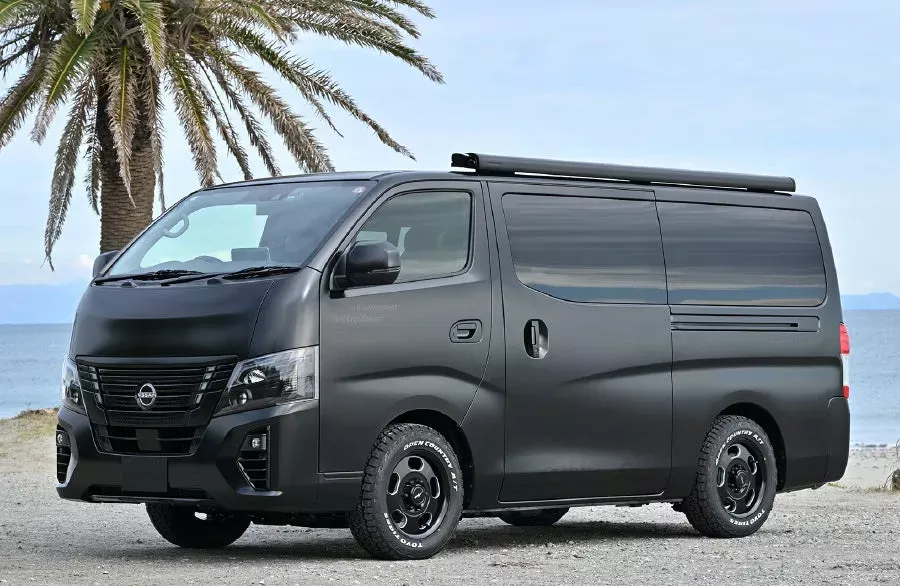 黒いバンが砂浜に停まっている写真。背景にはヤシの木と海が見える。