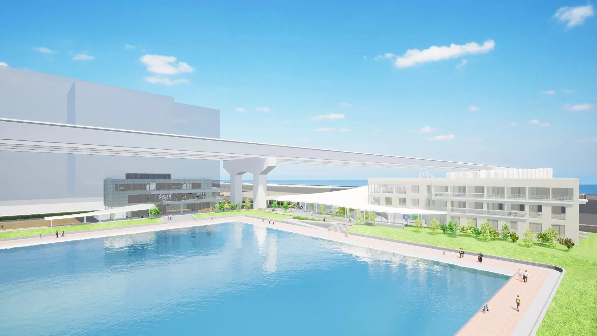 水辺に建つ近代的な建物とモノレールのイメージ図