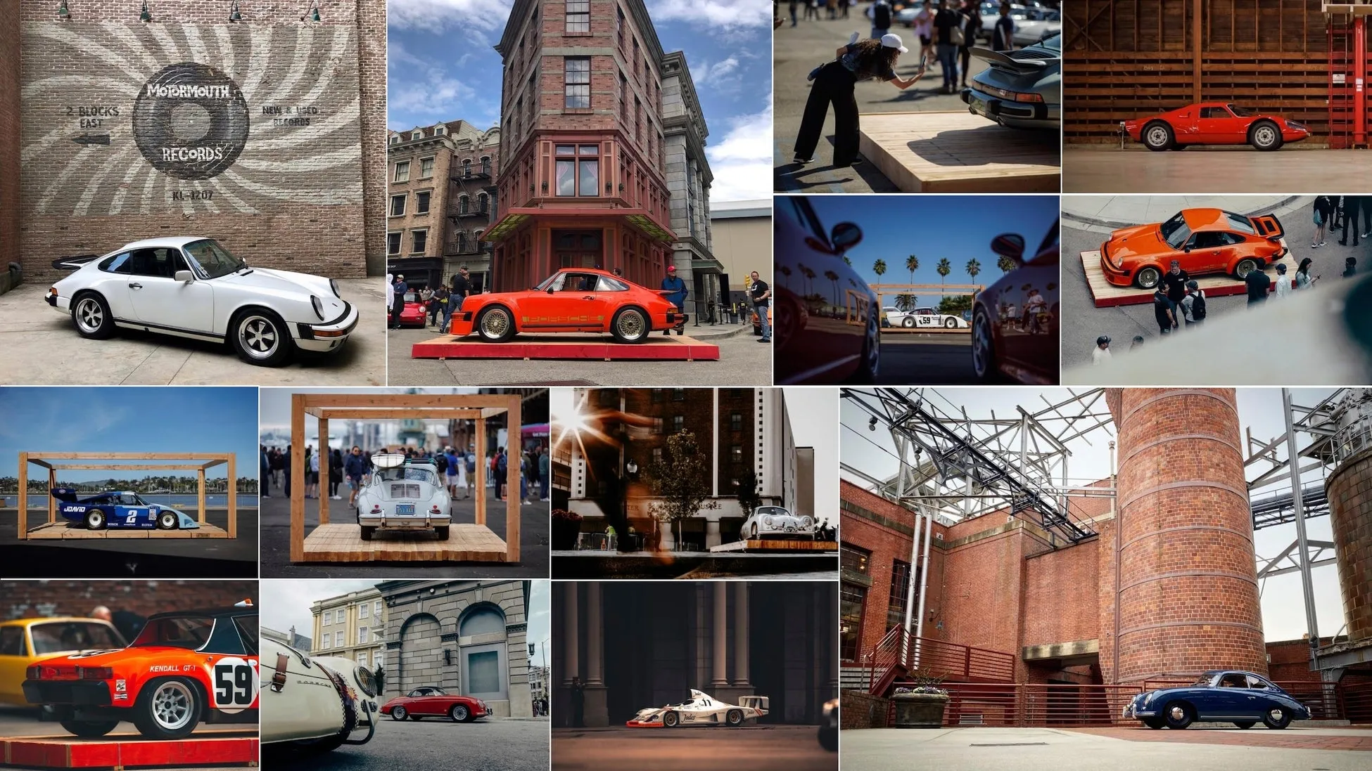 クラシックカーの展示会で撮影された写真のコラージュ。様々な色のポルシェや旧車が、展示台や街並みを背景に美しく配置されている。レースカーやレトロなデザインの車が、ノスタルジックな雰囲気を醸し出している。