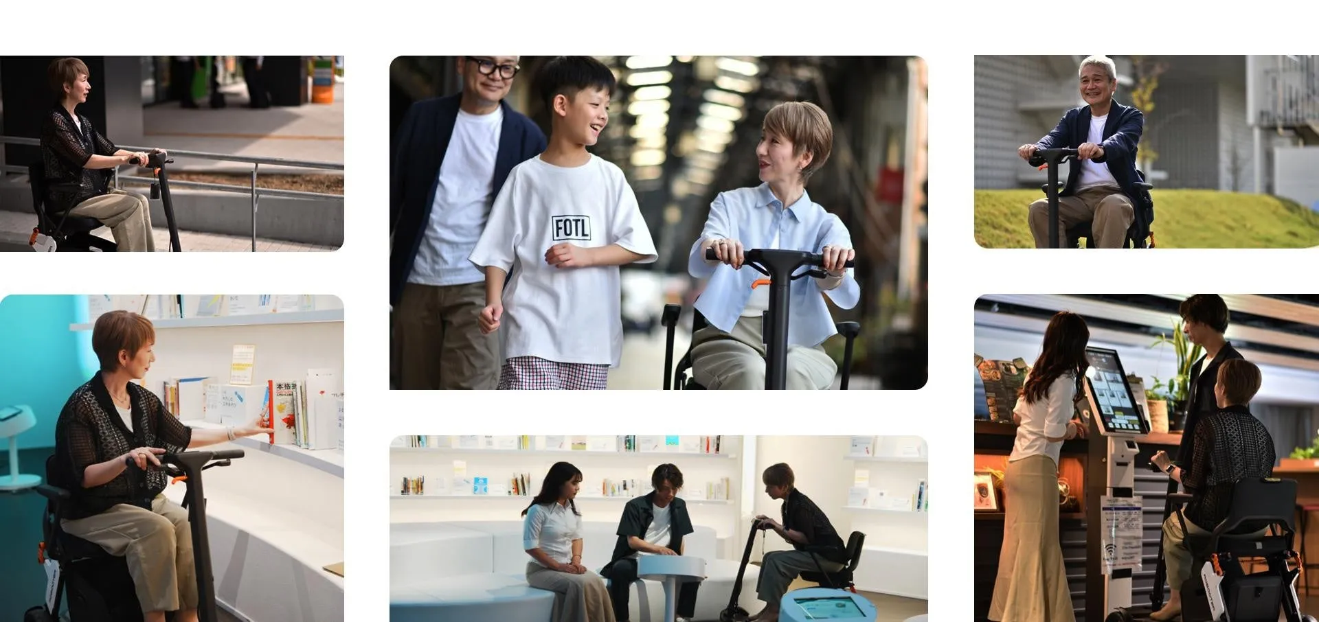 様々な人々が電動スクーターに乗ったり、一緒にいる様子を写した画像です。屋外や屋内、様々な場所で利用されている様子が写っています。