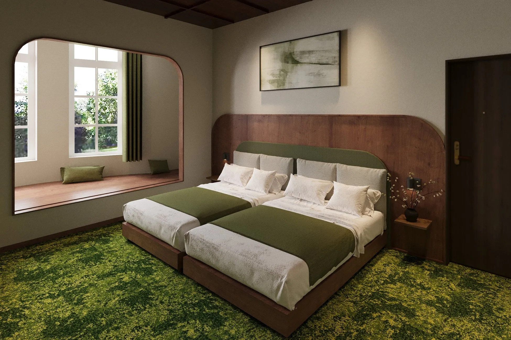 緑色のカーペットと木製のヘッドボードが印象的なモダンな寝室です。大きな窓から自然光が差し込み、ツインベッドには落ち着いた緑色のベッドカバーがかけられています。