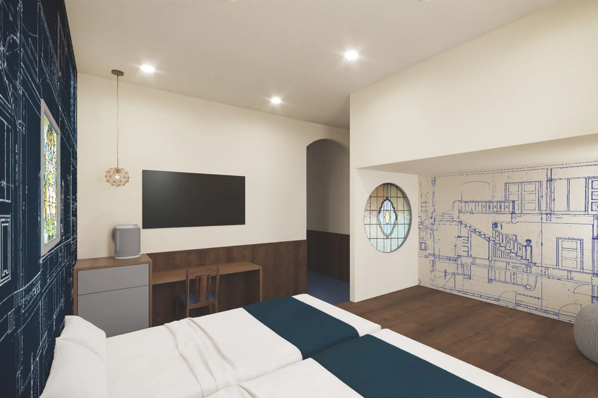 モダンなデザインのホテルの一室で、ツインベッドが配置されています。壁にはブループリントのような建築図面が描かれ、丸いステンドグラスの窓が特徴的です。