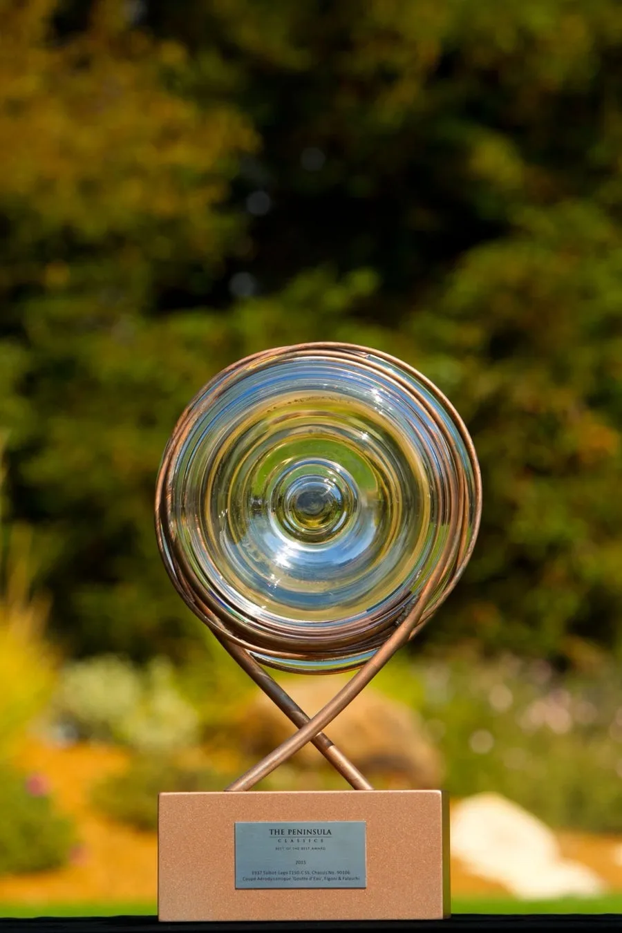 トロフィーの写真。トロフィーは、ガラスの円盤と銅色の金属フレームで構成されています。トロフィーの台座には、イベント名と受賞者の情報が記載されたプレートがあります。