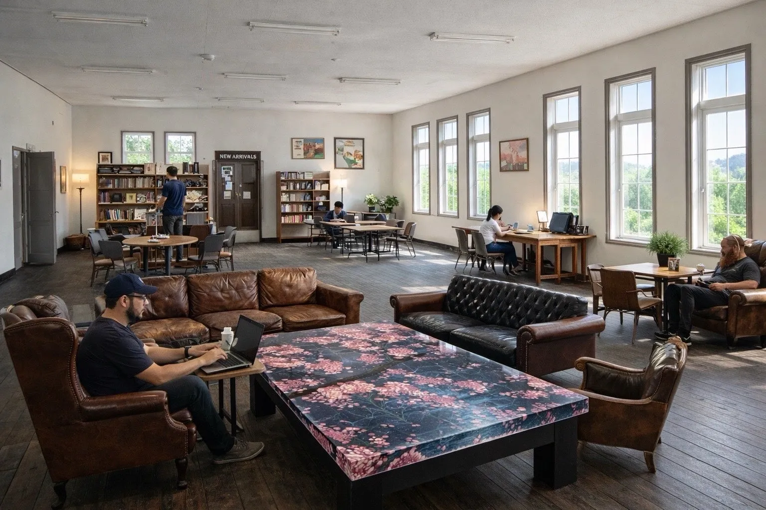 広々とした明るい空間で、人々が思い思いに読書や作業をしている様子が写されています。革張りのソファや大きな窓があり、リラックスできる雰囲気のコワーキングスペースやラウンジのようです。