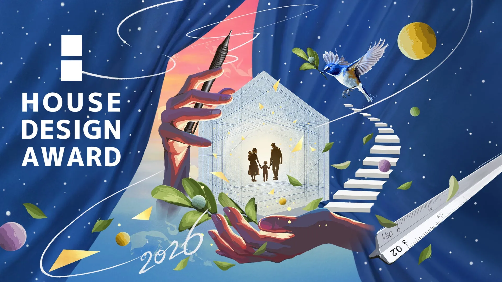 家をテーマにしたデザインアワードのイラスト。手とペンで描かれた家の形、家族のシルエット、階段を昇る鳥、星空が描かれています。