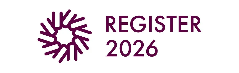 紫色のロゴと「REGISTER 2026」というテキストが表示された画像です。ロゴは、中心に丸い空間があり、外側に放射状に伸びる線が特徴です。