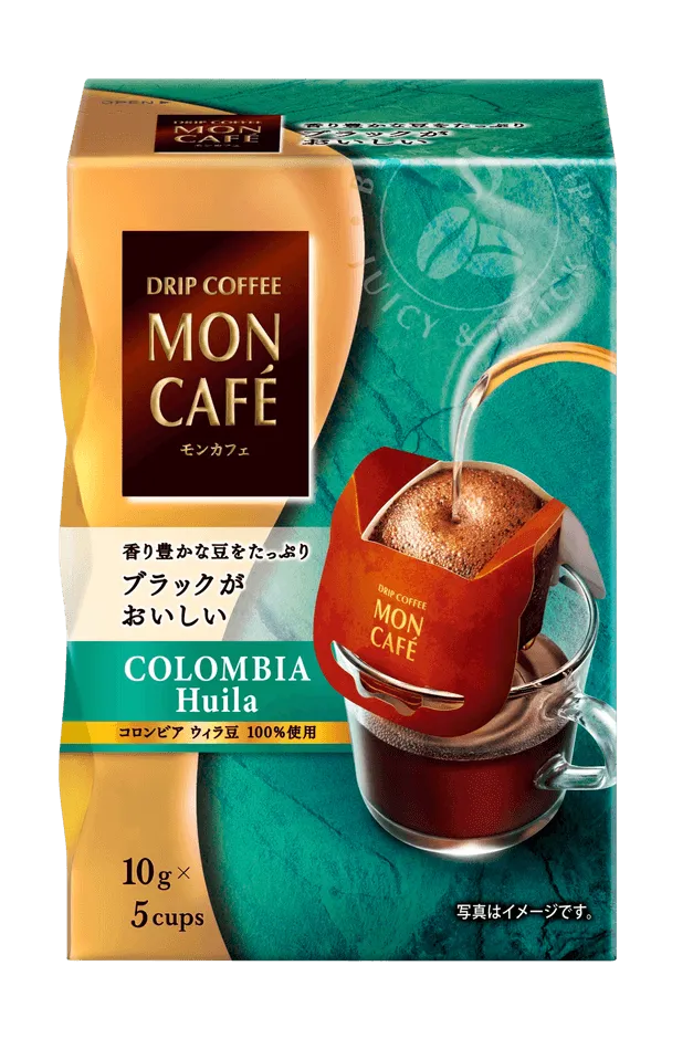 モンカフェのドリップコーヒーのパッケージ。コーヒーを抽出している様子が描かれている。