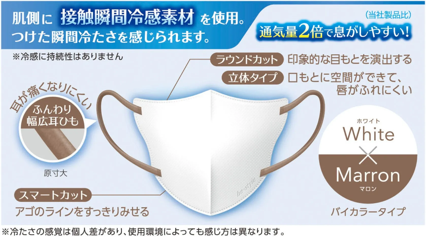 冷感素材を使用したマスクの広告。マスクは、丸みを帯びたデザインで、耳に優しい幅広の紐を使用し、アゴのラインをすっきり見せるスマートカットが特徴。また、息がしやすい設計で、唇が触れにくい立体構造。色はホワイトとマロンのバイカラータイプ。