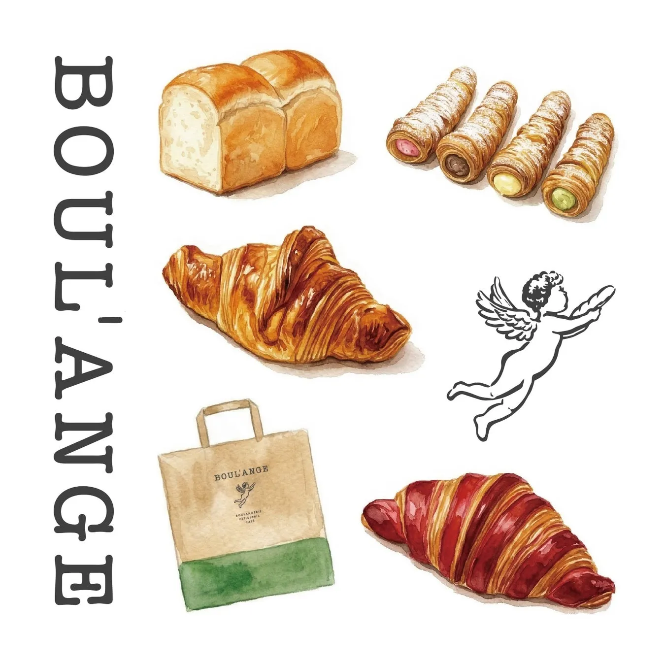 BOUL'ANGEのパンのイラスト。クロワッサン、パン、クリーム入りのパン、買い物袋、天使のイラストが描かれています。