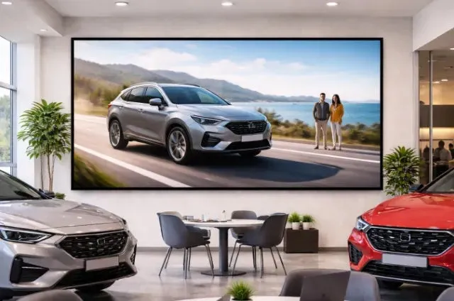 現代的なカーショールームの様子で、数台の車が展示され、壁には一台のSUVが海岸沿いの道を走る様子とカップルが写った大きなディスプレイが設置されています。