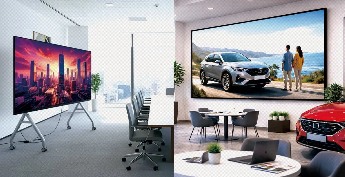 オフィスとショールームの二つの異なる空間が並ぶ画像。左は会議室の大型ディスプレイに夕焼けの都市風景、右はショールームの巨大スクリーンにSUVと海辺のカップルが映し出され、赤い車も展示されている。