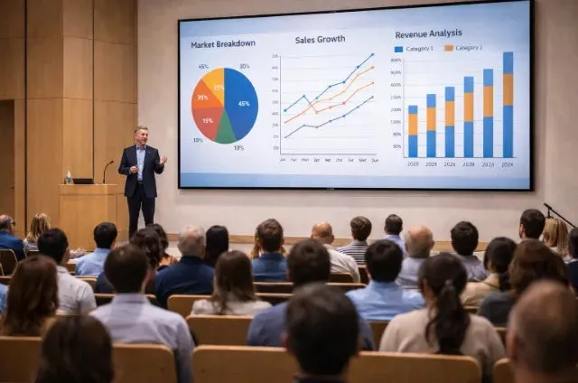 ビジネスプレゼンテーションの風景。講演者が聴衆を前に、市場の内訳、売上成長、収益分析を示すグラフが大画面に表示され、説明が行われている。