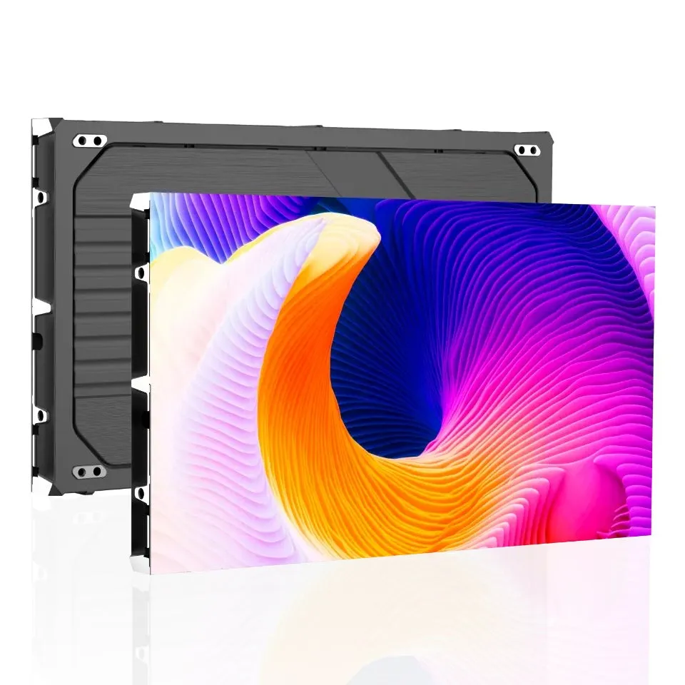 鮮やかな抽象的な波形パターンを表示するLEDディスプレイパネルの画像です。パネルはダークグレーで、側面と背面の構造的なディテールが見えます。