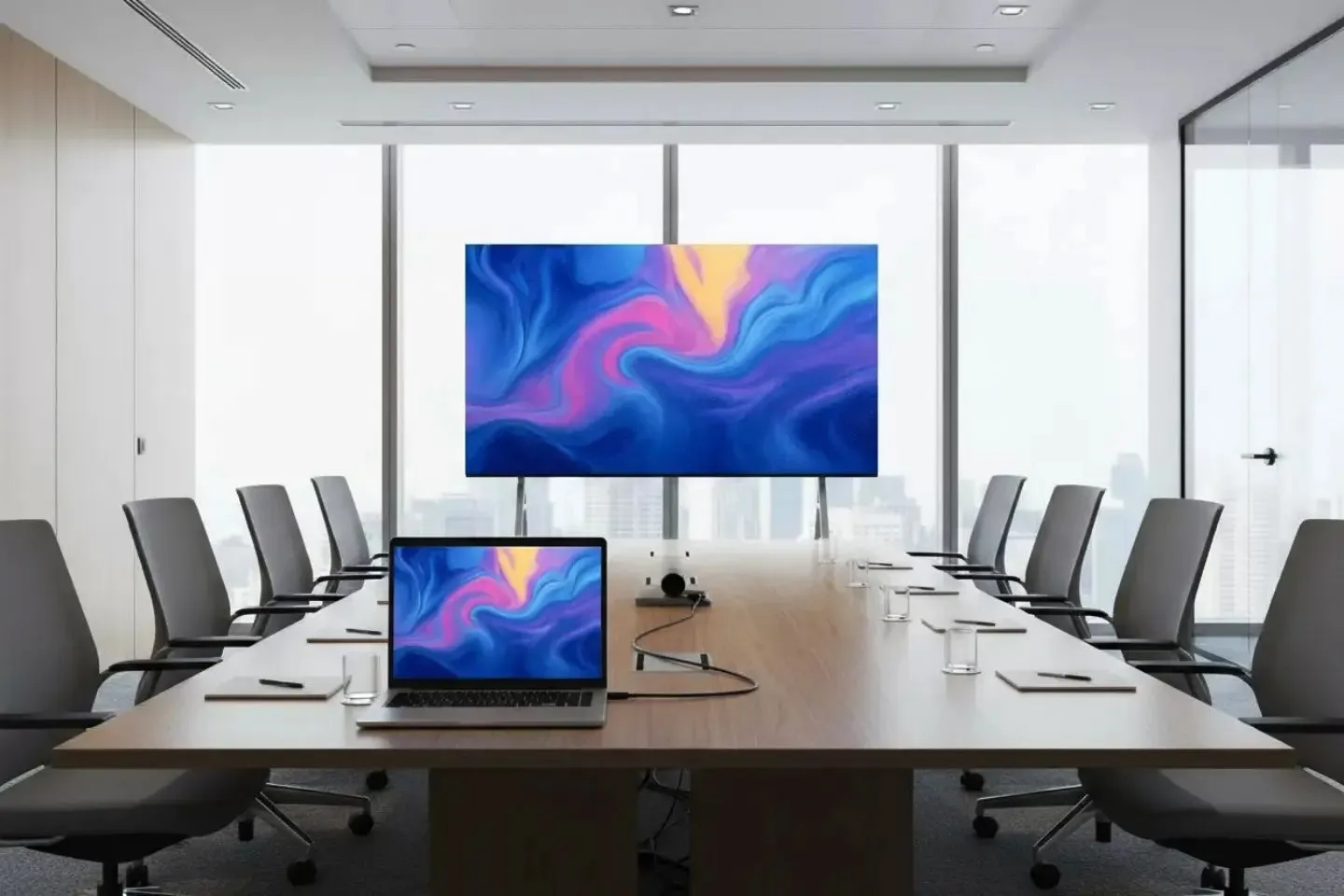 モダンな会議室の中央に大きなスクリーンとノートパソコンが設置されており、どちらも青とピンクの抽象的なアートワークを表示しています。長机の周りには複数の椅子が並び、窓からは外の景色が見える、プロフェッショナルなワークスペースの様子です。