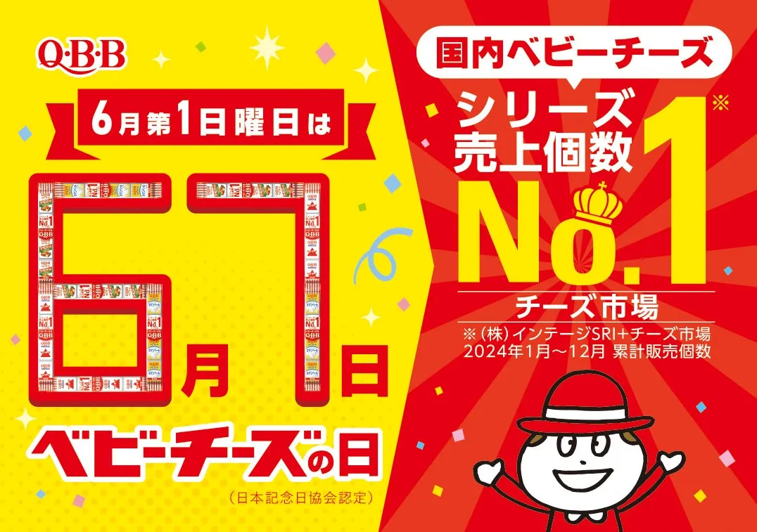 Q・B・Bベビーチーズの広告画像です。6月第1日曜日はベビーチーズの日であること、国内ベビーチーズシリーズの売上個数がNo.1であることなどが記載されています。