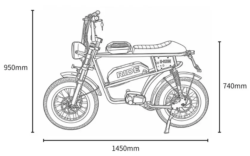 白黒で描かれた、電動バイクのイラスト。バイクの寸法が表記されている。