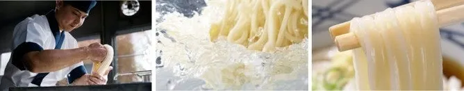 職人が麺を作っている様子と、茹でられた麺、箸で持ち上げられた麺の3つの画像が並んでいる画像です。