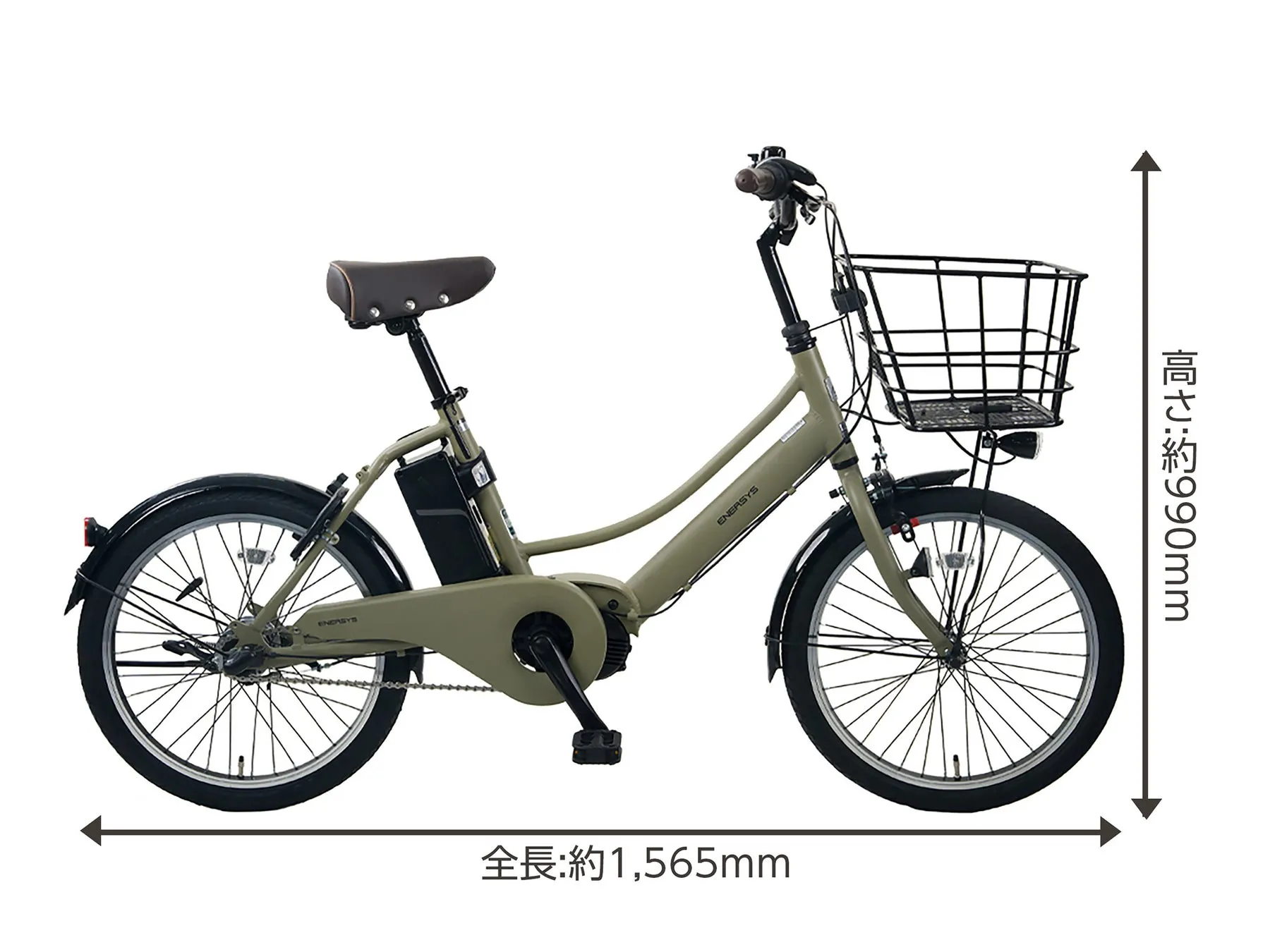 カーキ色の電動アシスト自転車の寸法
