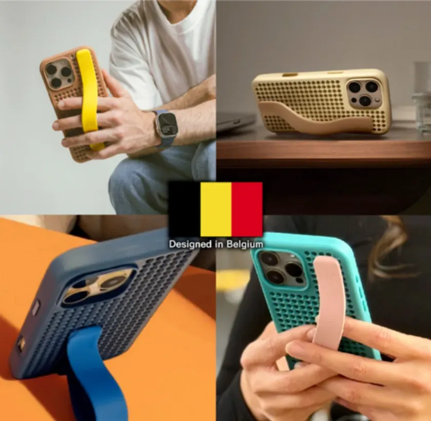 ベルギーでデザインされた多機能iPhoneケースの紹介画像です。指を通すストラップが付属し、安全な持ち運びやスタンド機能として利用できる点が特徴。ブラウン、ベージュ、ブルー、ティールなど、複数のカラーバリエーションがスタイリッシュに表現されています。