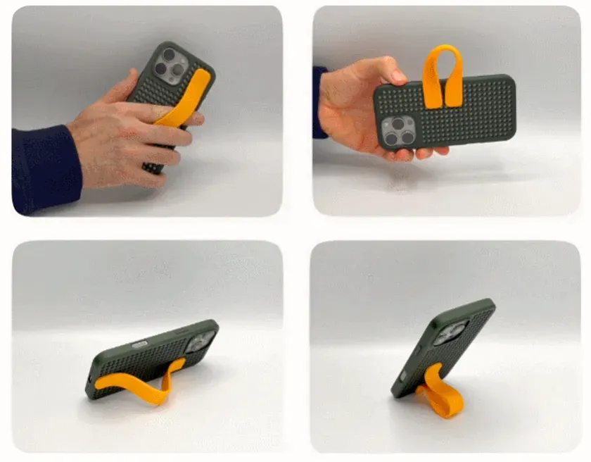 柔軟なオレンジ色のストラップが付いたスマートフォンケースの様々な使い方を示す画像です。ストラップは指を通してグリップとして、またループとして、さらに横向き・縦向き両方に対応するスタンドとして機能する様子が描写されています。
